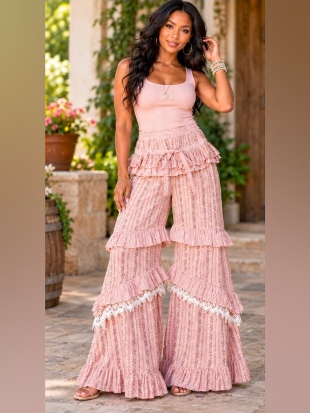 NEW!! Blue Velvet Tiered Boho Ruffle Wide-Leg Pants, NWT